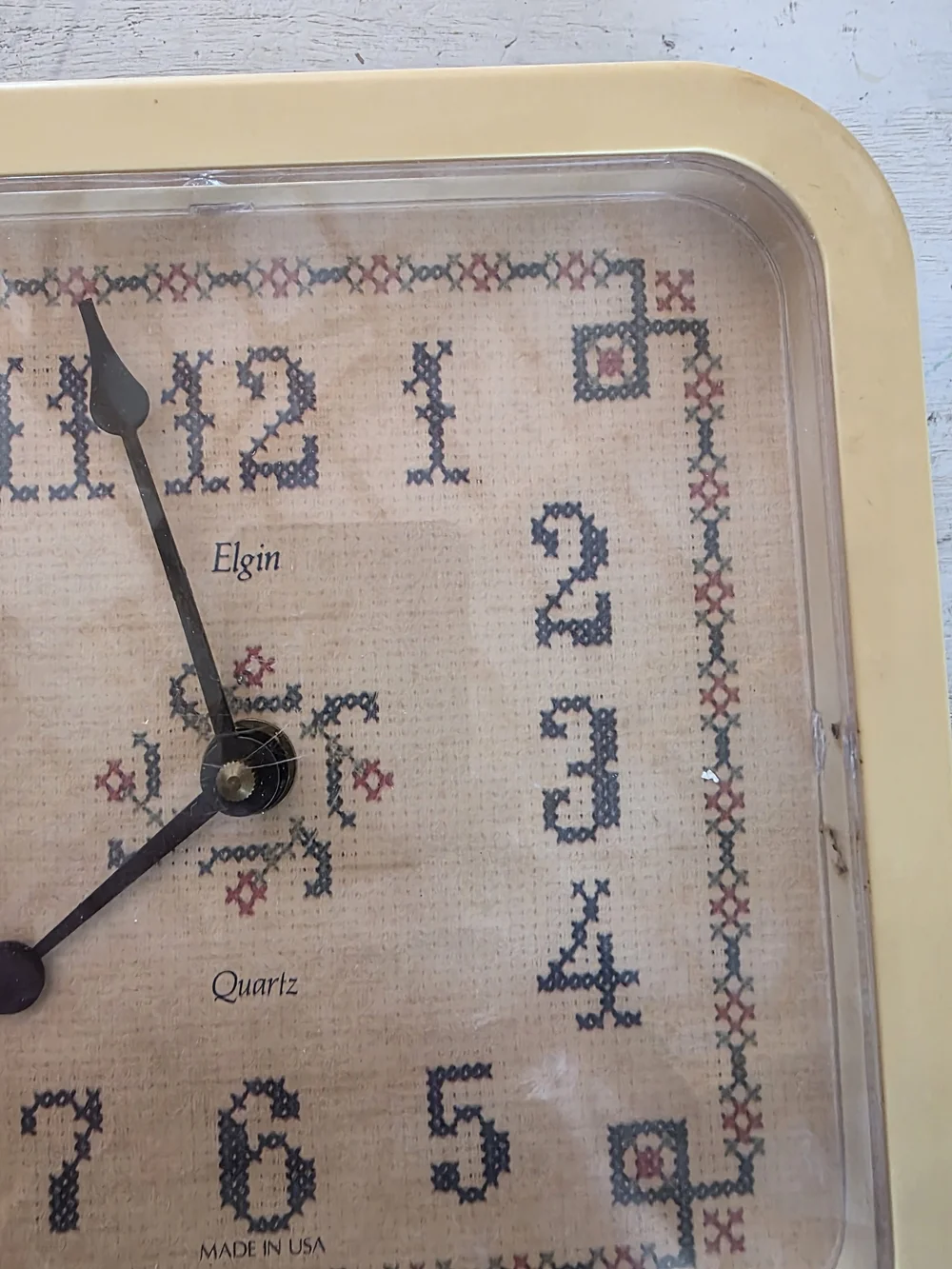 Elgin Cream Square Wall Clock with Cross-Stitch Dial